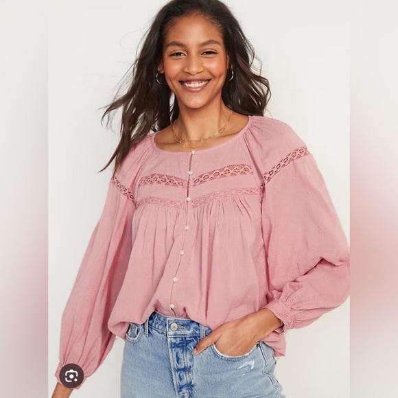 OLD NAVY | Sugar Poppy Color Embroidered Lace Trimmed Cotton Blend Blouse - Picture 12 of 16